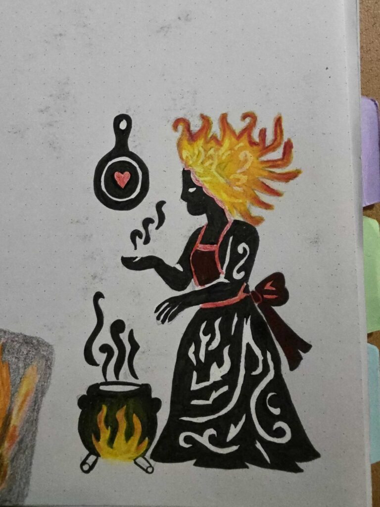Photo of the kitchen witch drawn on paper in black ink, with the flame hair, the heart in the pan and a red sash colored in.