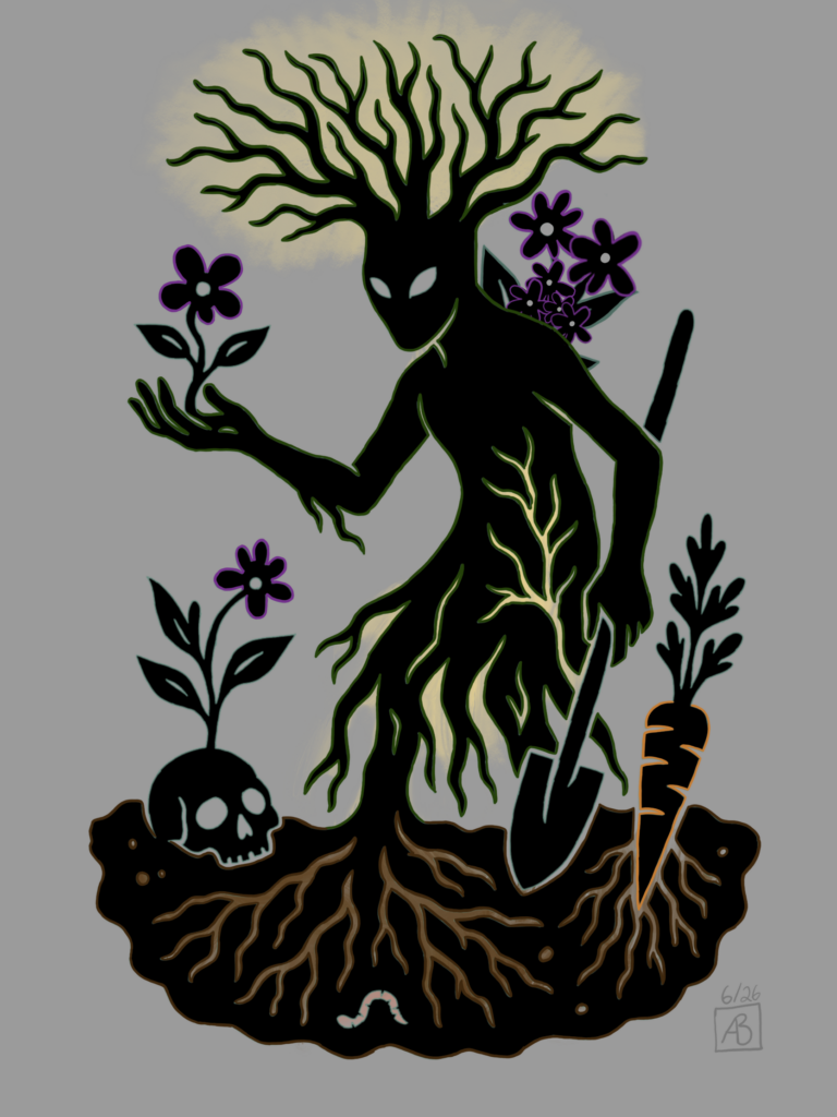 A tree-headed figure offering a purple flower and holding a spade, standing in brown soil full of roots, with a skull sprouting a plant on one side and a carrot on the other.