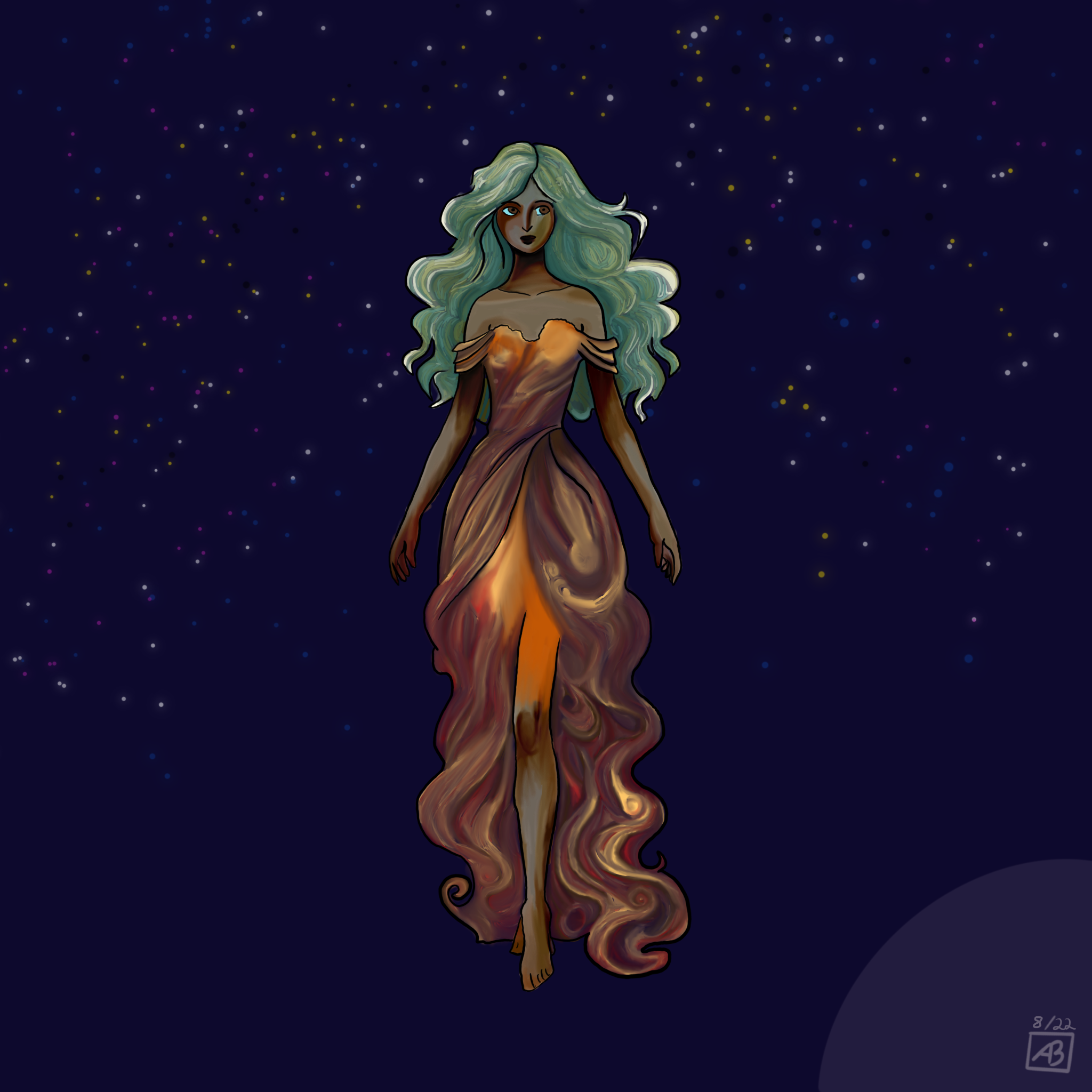 A woman with long pale turquoise hair in a flowing peach and orange gown, standing barefoot against a deep navy sky full of stars.