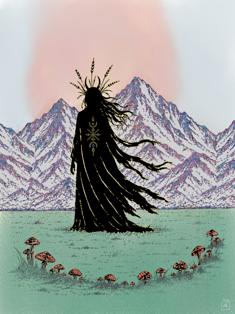 A tall hooded figure in black, crowned with thin spikes, standing inside a ring of red mushrooms in a green field, with snowy mountains and a pink sky behind.