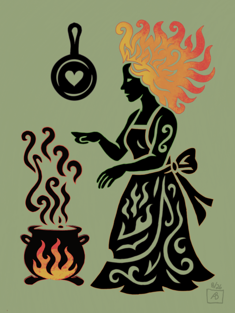Black silhouette of a woman with flame-colored hair reaching a hand over a steaming cauldron, a frying pan with a heart-shaped cutout hanging above her, on sage green.