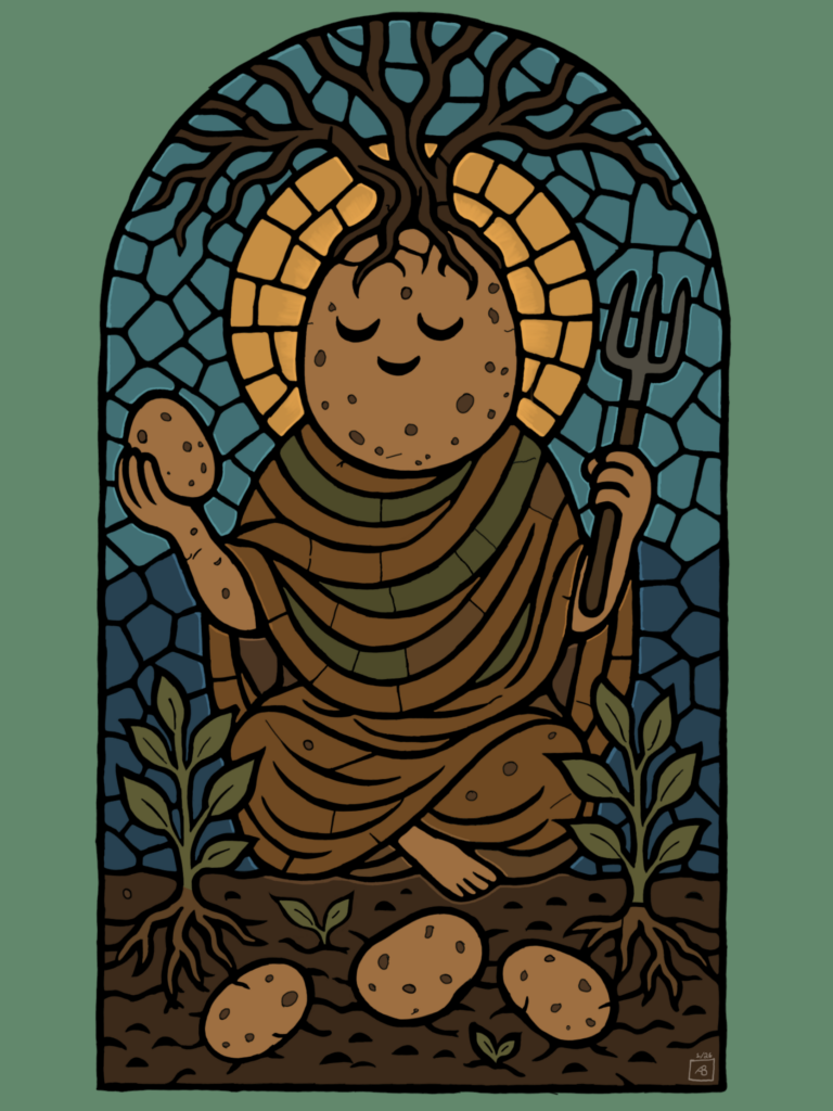Stained glass panel of a seated figure whose head is a potato with closed eyes and a small smile, a bare tree growing out of the top, holding a potato in one hand and a garden fork in the other, potatoes in the soil below.