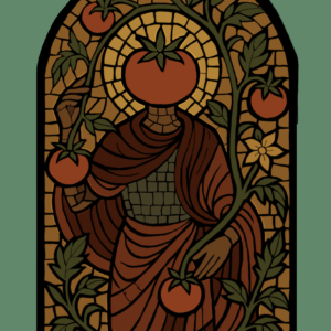 Stained glass panel of a standing robed figure whose head is a large tomato, a gold halo behind, one hand resting on a tomato still on the vine, framed by tomato vines and a yellow blossom.