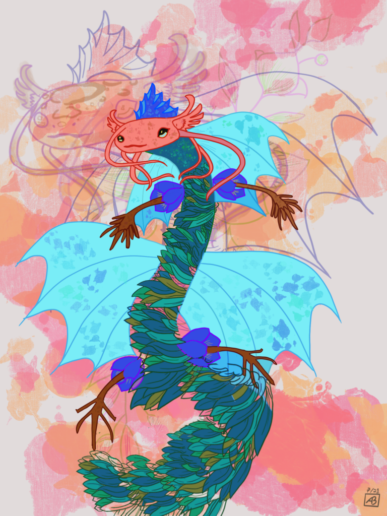 A long dragon with a pink axolotl head and frilled gills, turquoise bat wings and a green scaled body, against a loose coral and pink background.