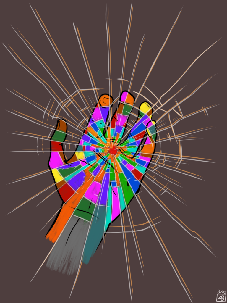 A hand made of brightly colored glass wedges radiating from a small red center, with pale cracks shooting outward across a dark brown background.