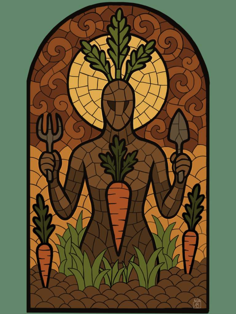 Stained glass panel of a figure whose head is a carrot with green tops, a gold sun halo behind, holding a garden fork and a trowel, with a large carrot at the center of its body and carrots growing in the soil below.