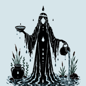 A faceless figure in long black robes that drip like water, holding a shallow bowl in one hand and pouring a jug into a pool at their feet, with cattails and clay pots on either side, in black ink on pale blue.