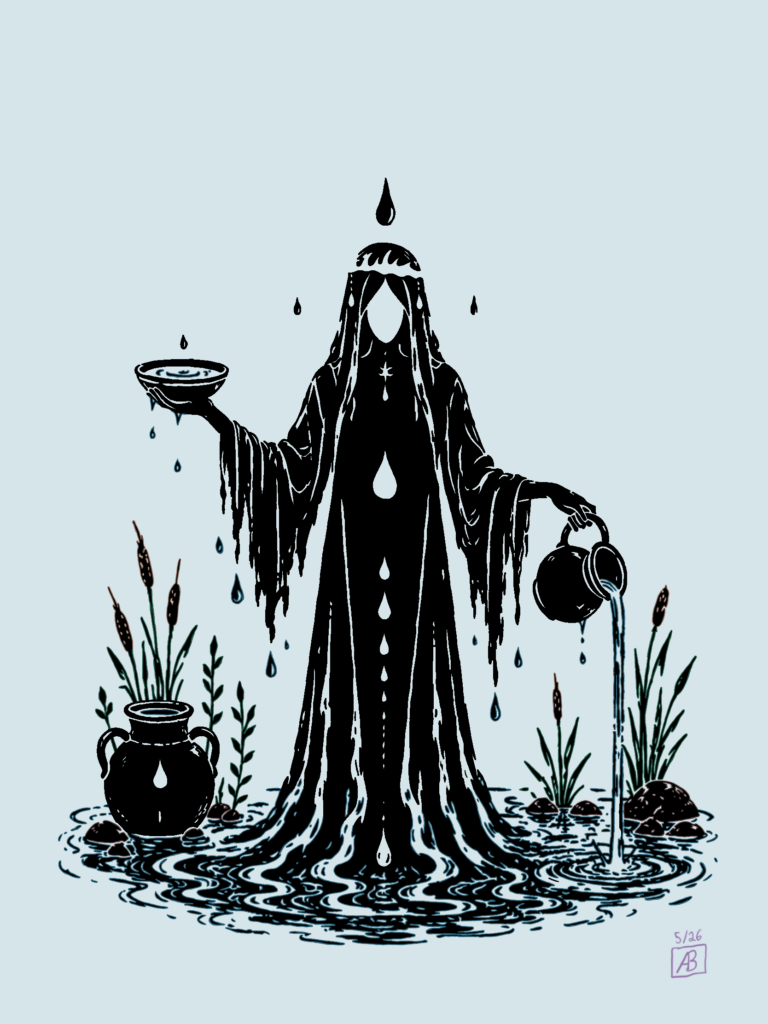 A faceless figure in long black robes that drip like water, holding a shallow bowl in one hand and pouring a jug into a pool at their feet, with cattails and clay pots on either side, in black ink on pale blue.