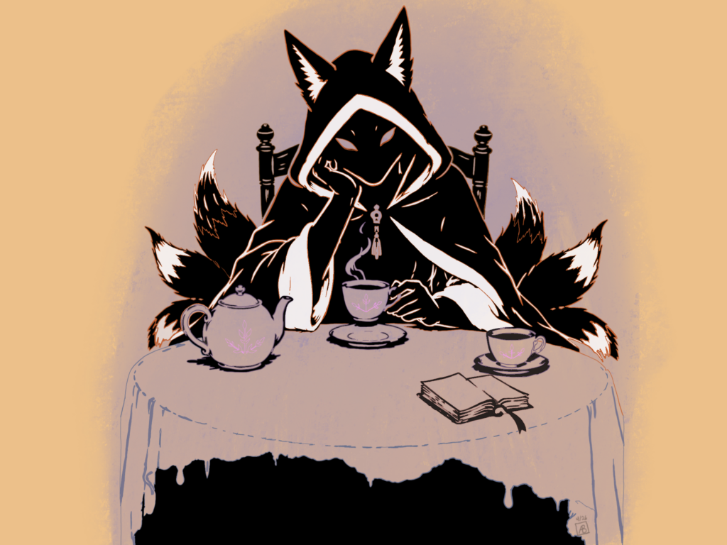 A hooded figure with fox ears and many tails fanned out behind it, seated at a round tea table with one hand raised to its mouth, a teapot, cups and an open book in front of it.