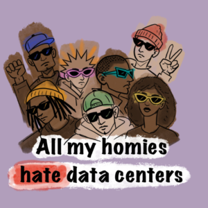 Seven people in sunglasses and brightly colored hats crowded together, one raising a fist and one making a peace sign, on a lavender background, above the words "All my homies hate data centers" with "hate" highlighted in red.