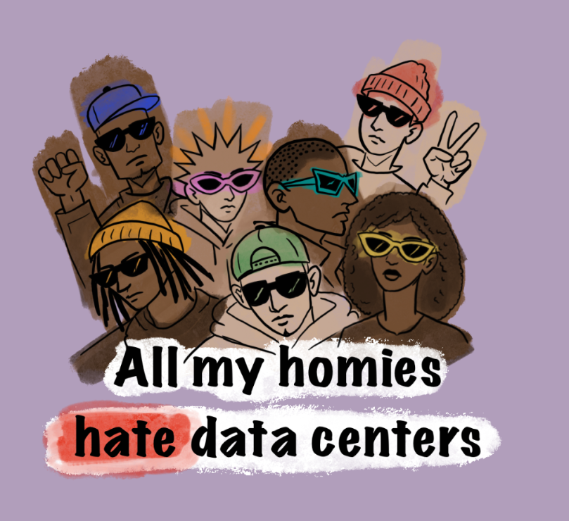 Seven people in sunglasses and brightly colored hats crowded together, one raising a fist and one making a peace sign, on a lavender background, above the words "All my homies hate data centers" with "hate" highlighted in red.